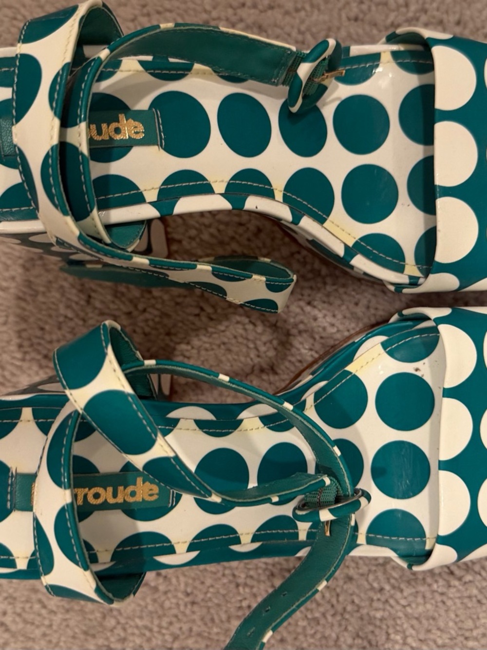 Larroude Teal and White Polka Dot Platform Sandals - Picture 2 of 4